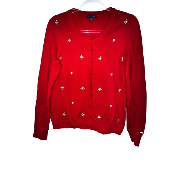 Tommy Hilfiger Red Cotton Cardigan Rhinestone Sweater Glam Retro Fifties Medium - Picture 1 of 10